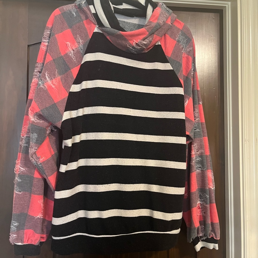 12 PM By Mon Ami Red, Black, and White Grunge Hoodie